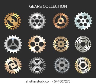 Metal gears vector illustration. Metallic clock cogwheels isolated on black background