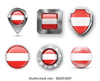 Metal and Glass Austria Flag Badges, Buttons, Map marker pin and Shields. Vector illustrations