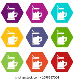 Metal glass cup tea icons 9 set coloful isolated on white for web