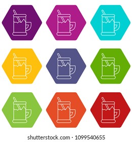 Metal glass cup tea icons 9 set coloful isolated on white for web