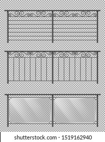 Metal, glass handrail or fencing sections set with forged steel, spiral decorative elements, metallic lattice and plexiglass sheets 3d realistic vector illustrations isolated on transparent background
