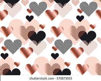 Metal gloss love concept icon repeatable motif for wrapping paper or background. Heart shape modern seamless pattern vector illustration in rose gold color
in geometry style.