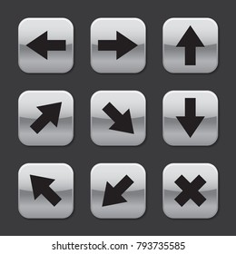 Metal glossy arrow directions icon buttons, simple rounded square shape control panel interface flat design vector pictogram, infographic elements for app web button ui ux isolated on black background