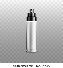 Metal or glossy plastic open bottle spray for perfume, deodorant or freshener, realistic vector mockup illustration isolated on transparent background. Cosmetic package.