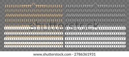Metal and gold bindings. 3D mockups of clips for notebooks and calendars. Paper perforation bookbinder. Realistic spiral and ring binders. Stationery elements. Steel page wire fasteners vector set