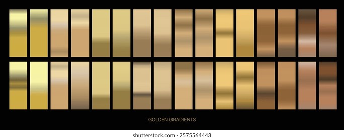 Metal gold. Metallic gradient. Golden color. Steel, iron, aluminium, tin. Yellow gold collection. Bronze colorful palette texture set. Holographic background. Chrome texture. Chromium polish effect