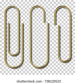 Metallgold-Paperclips einzeln auf weißem Papier einzeln auf transparentem Hintergrund.  Vektorgrafik.