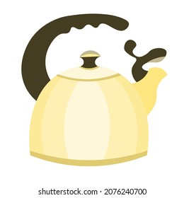 metal gold teapot with handle for boiling water, kettle for coffee and tea. Illustration of drawing of kitchen utensils for cooking, illustration in vector