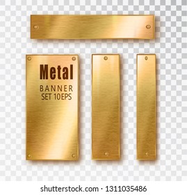 Metal gold vertical banners set realistic. Vector Metal brushed plates with a place for inscriptions isolated on transparent background. Realistic 3D design. Stainless steel background