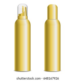 Metal golden bottles of shampoo and hair mousse isolated on white background.