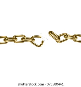 Metal golden broken chain 3D. Freedom concept. Vector illustration.