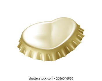 Metal golden crown cap broken open. Beer, lemonade and other drink bottle lid isolated on white background. 3d realistic vector illustration