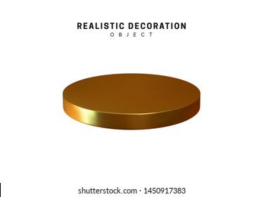Metal golden platform stand. Flat gold cylinder circle podium stage. 3d realistic geometric bronze metal. Circular die shape. vector illustration