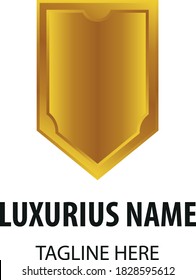 Metal golden shield logo badge. Achieve, advertising, best quality symbol