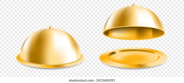 Metal golden tray with a cloche. Restaurant dish. Template isolated on transparent background. vector mockup