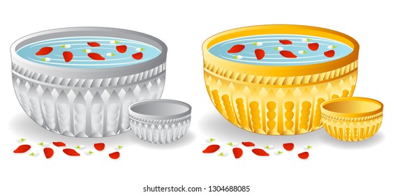 Metal and golden water bowls in Songkran festival in Thailand