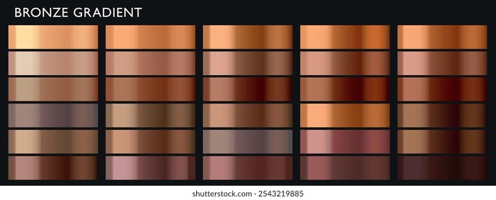 Metal gradient. Chrome gold, bronze, brass colorful palette set. Metal gold. Metallic dark golden gradient collection. Steel, iron, aluminium, tin. Bronze colorful palette, shiny, glossy texture set.