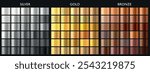 Metal gradient. Chrome silver, gold, bronze, brass colorful palette. Metal gold. Metallic yellow, dark golden gradient collection. Steel, iron, aluminium, tin. Shiny, glossy background vector set. 