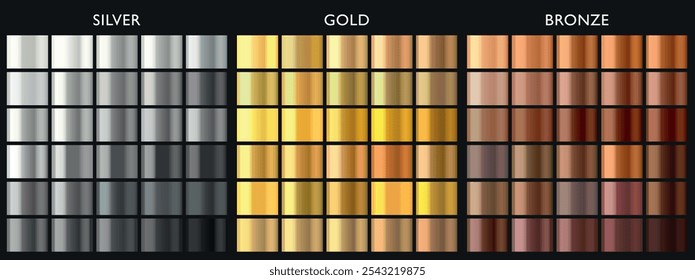 Gradiente metálico. Cromo, plata, oro, bronce, latón paleta de colores. Metal oro. Amarillo metálico, colección de gradiente dorado oscuro. Acero, hierro, aluminio, estaño. Conjunto de Vector de fondo brillante y brillante. 