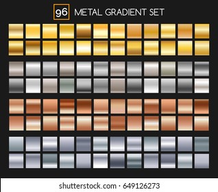 Metal gradient collection. Shiny gold and silver, bronze and aluminum, roseate texture gradients with reflexions. Vector illustration