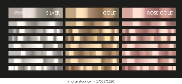 Metal gradient. Color set. Metallic collection. Gold, silver, pearl, bronze palette. Color collection. Steel, aluminium, tin. Holographic background. Chrome texture. Chromium polish effect.