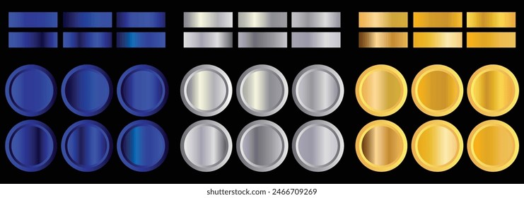 Metal gradient. Color set. Metallic collection. Gold, silver, pearl, bronze palette. Color collection. Steel, iron, aluminium, tin. Holographic background. Chrome texture. Chromium polish effect.