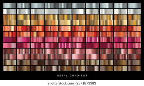 Metal gradient. Color set. Metallic collection. Gold, silver, pearl, bronze palette. Color collection. Steel, iron, aluminium, tin.Chrome metal gradients. Color palette vector. Colorful shiny gradient