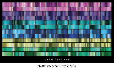 Metal gradient. Color set. Metallic collection.  Color collection. Steel, iron, aluminium, tin. Holographic background. Chrome texture. Chromium polish effect. Chrome metal gradients. Color palette 