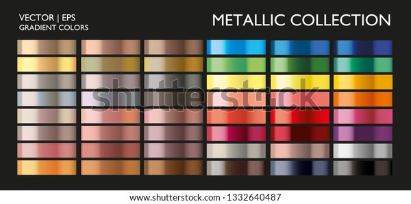 Metal gradient. Color set. Metal color. Metallic\
gradient. Gold, silver, pearl, bronze palette. Color collection.\
Steel, iron, aluminium, tin. Holographic background template,\
screen, mobile, banner. 
