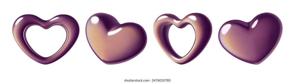 Metal gradient hearts 3d realistic shapes collection. Vector abstract iridescent y2k design elements isolated on white background.