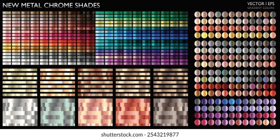 Metal gradient. Metallic gold, silver, brass, bronze colorful palette vector set. Chrome glossy surface gradients collection. Holographic textures color big set. Colorful shiny gradient. 
