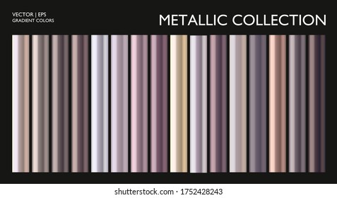 Metal gradient. Metallic gray, gold, silver, bronze colorful palette texture set. Iron, aluminium, tin. Pastel color. Holographic background, screen, mobile, banner, label, tag. Chrome surface.