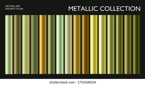 Metal gradient. Metallic green gold, silver, bronze colorful palette texture set. Iron, aluminium, tin. Holographic background template for screen, mobile, banner, label, tag. Chrome texture surface.