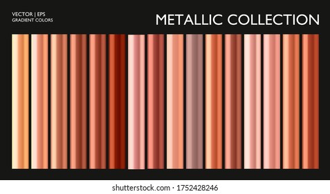 Metal gradient. Metallic pink, rose gold, silver, bronze colorful palette texture set. Iron, aluminium, tin. Holographic background template for screen, mobile, banner, label, tag. Chrome surface.