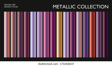 Metal gradient. Metallic purple gold, silver, bronze colorful palette texture set. Iron, aluminium, tin. Holographic background template for screen, mobile, banner, label, tag. Chrome texture surface.