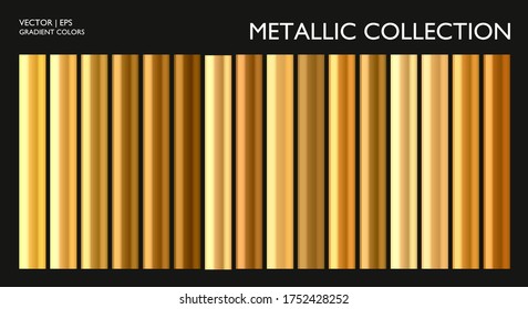 Metal gradient. Metallic yellow gold, silver, bronze colorful palette texture set. Iron, aluminium, tin. Holographic background template for screen, mobile, banner, label, tag. Chrome texture surface.