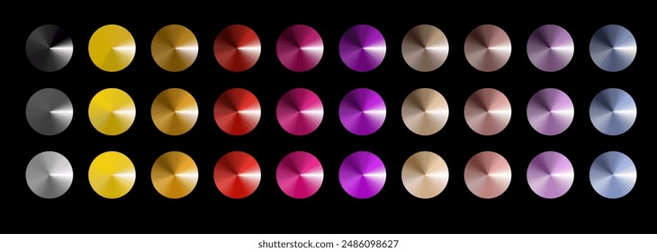 Metal gradient. Multi colored radial gradient set. Collection of shiny foil in rainbow colors palette. Vector