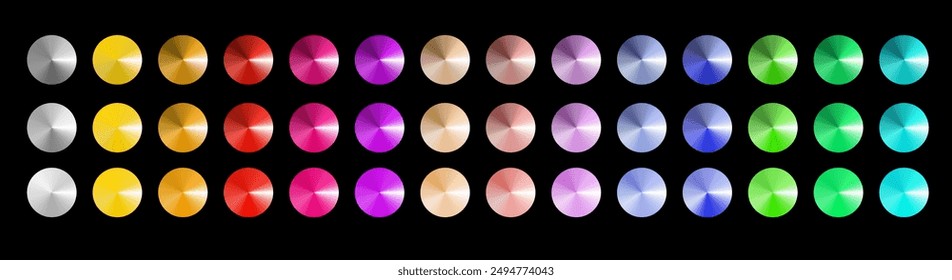 Metal gradient. Multi colored radial gradient set. Collection of shiny foil in rainbow colors palette. Vector