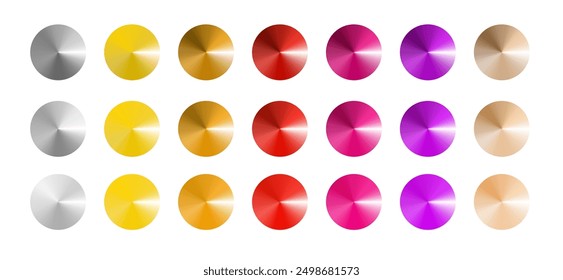 Metal gradient. Multi colored radial gradient set. Collection of shiny foil in rainbow colors palette. Vector