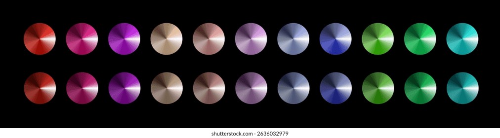 Metal gradient. Multi colored radial gradient set. Collection of shiny foil in rainbow colors palette. Vector