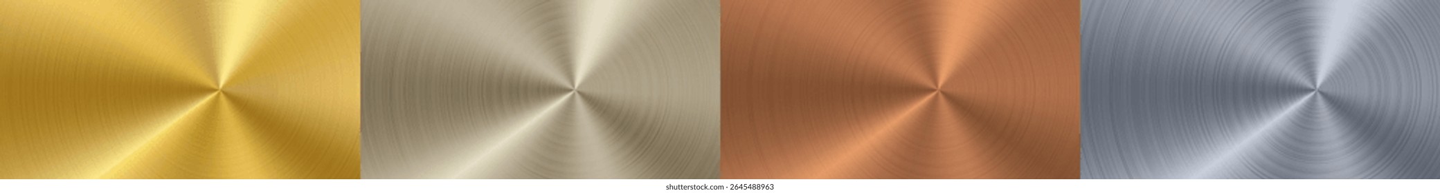 Metal gradient radial background. Gold steel, silver chrome, platinum foil circle. Conical sticker texture. Vector copper bronze disk. Golden color hologram button plate. Premium badge circular label