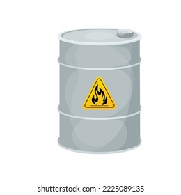 Metal gray barrel flammable, dangerous sign in cartoon style isolated on white background. 