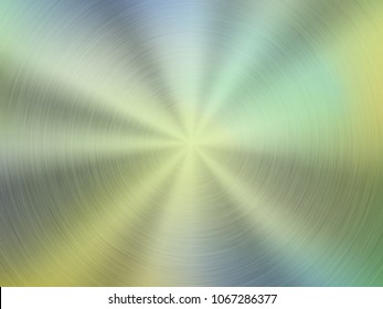 Metal green abstract colorful gradient technology background with circular polished, brushed concentric texture, chrome, silver, steel, aluminum for design concepts, wallpapers. Vector illustration.
