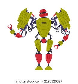 Máquina robótica verde metálica con extremidades para iluminación vectorial de automatización de la mano de obra