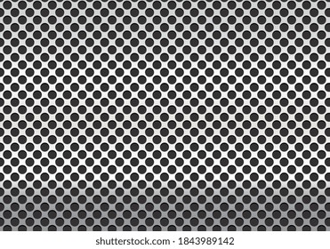 The metal grid mesh grill background with holes. Metal grill perforated matte surface for technological background. Brushed steel grill drilled with holes. Perforated metal. Vector illustration.