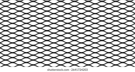 Metal grid with rhombus shape silhouette. Mesh shaped iron fence background. Black metal mesh seamless pattern vector illustration. Metal grid pattern. Steel wire mesh fence pattern silhouette.