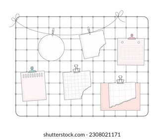 Inspiración de tablero de ambiente de paredes de cuadrícula metálica. Papeles planos, memo y plantilla vectorial de los estimulantes.