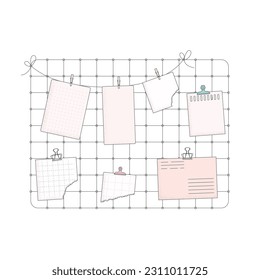 Metal grid wall mood board inspiration. Flat vector illustration with papers, notes, card.