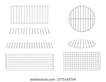 Metal grill grates in rectangular, circle and square shapes, top and side views. Vector realistic barbecue accessories for placing food over heat source. Cooking surface for outdoor grilling