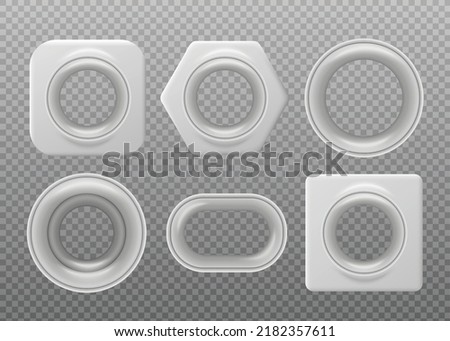 Metal grommet for curtain hanging or textile decor, realistic vector illustration isolated on transparent background. Set of round eyelets in silver color. 3d element for shoe laces.